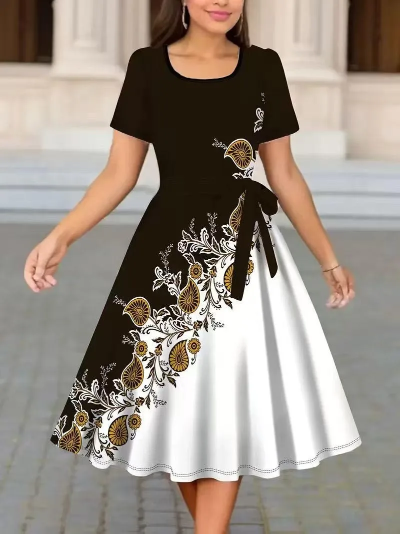 Damen-Kleid mit Blumenmuster, A-Linie, O-Ausschnitt, kurze Ärmel, Taillenbindung, lässiges Midikleid, schwarz-weiß, elegantes Party-Sommerkleid