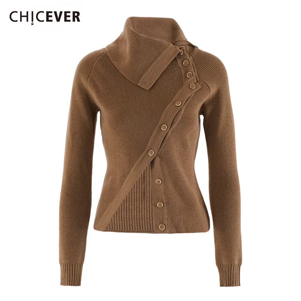

CHICEVER Solid Asymmetrical Knitting Sweater for Women Lapel Long Sleeve Patchwork Button Slimming Tops Female Spring Clothing