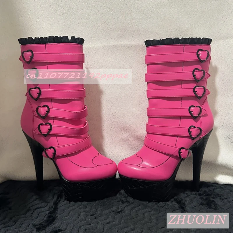

Розово-красные ботинки на платформе с пряжкой в виде сердца, женские ботильоны до середины икры с круглым носком на шпильке и молнией, роскошные современные ботинки 44