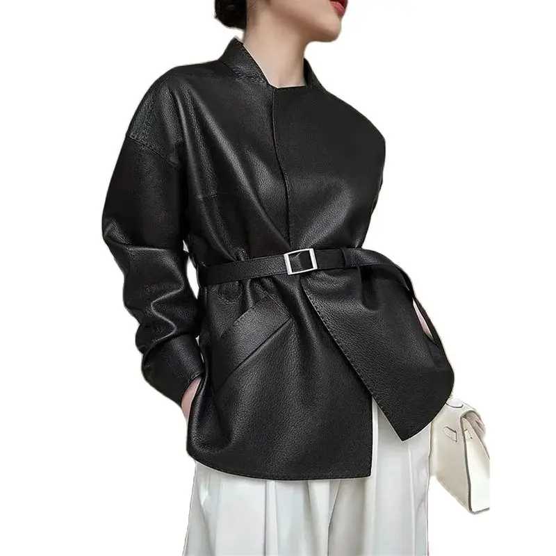 Veste en cuir PU mi-longue pour femme, manteau de moto noir, ceinture de mode, décoration de rue extérieure, printemps, automne, nouveau, 2024