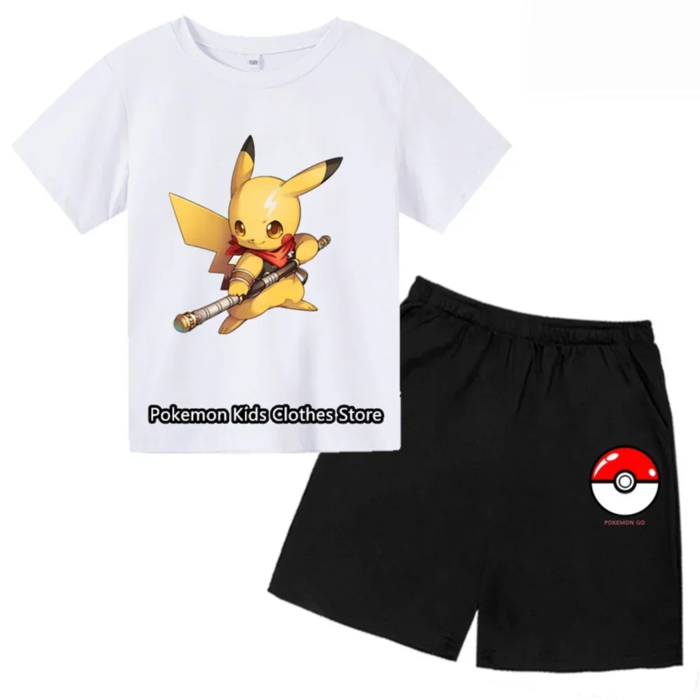 Fashion Lovely Pokemon T Shirt Set Anime Pikachu Boy Girl T-Shirts Pikachu Boy O-neck Cotton Short Sleeve Tees Top Shorts