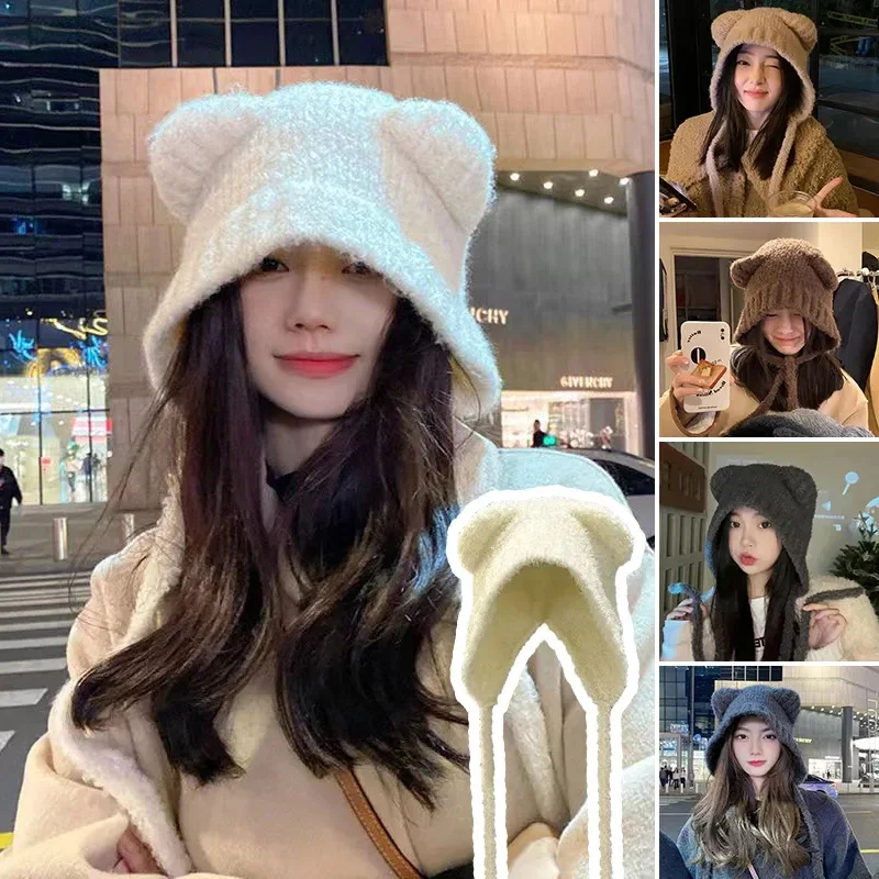 

Cute Girl Knit Ear Protection Hat Bear Women Earmuffs Cap Woolen Crochet Bonnet Solid Color Hood Beanies Winter Warm Headgear