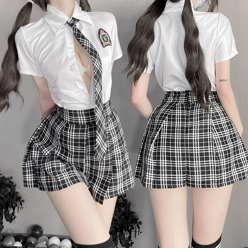 Japanese Anime Sweet Plaid School Girl Costume Tie Kawaii Student Uniform Women Sexy Lingerie Cheerleading Cosplay