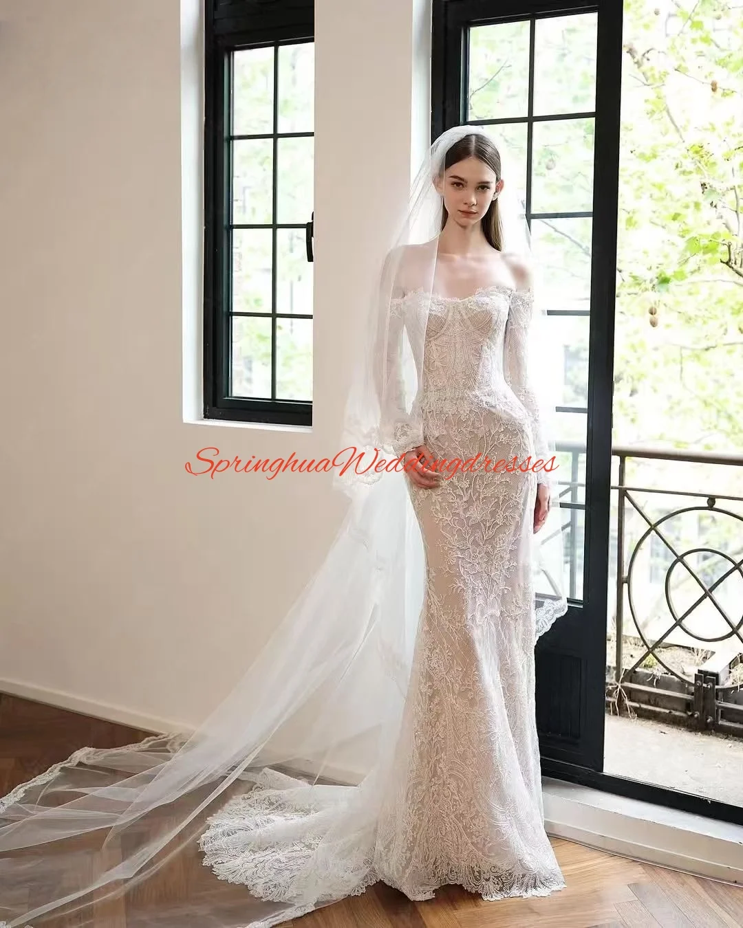 

Новое кружевное тюлевое свадебное платье русалки по индивидуальному заказу с открытыми плечами и длинными рукавами, иллюзорный халат, платье невесты со шлейфом