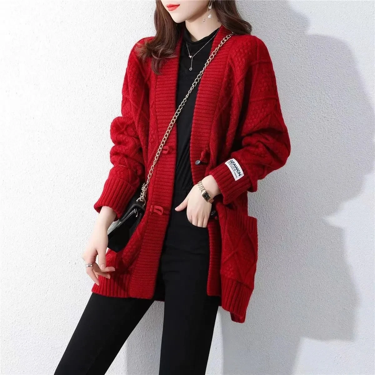 Wool Cardigan Sweater For Womens Autumn V-Neck Red Sweater Mujer Long Sleeve Tops Knitwears Korean Fashion Style New Outerwears