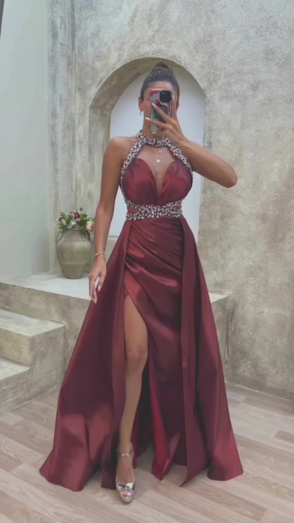 Aenyrst Satin Halter Beaded with Crystals Formal Arabic Prom Dresses High Split Pleat Wedding Guest Elegant Formal Party Gowns