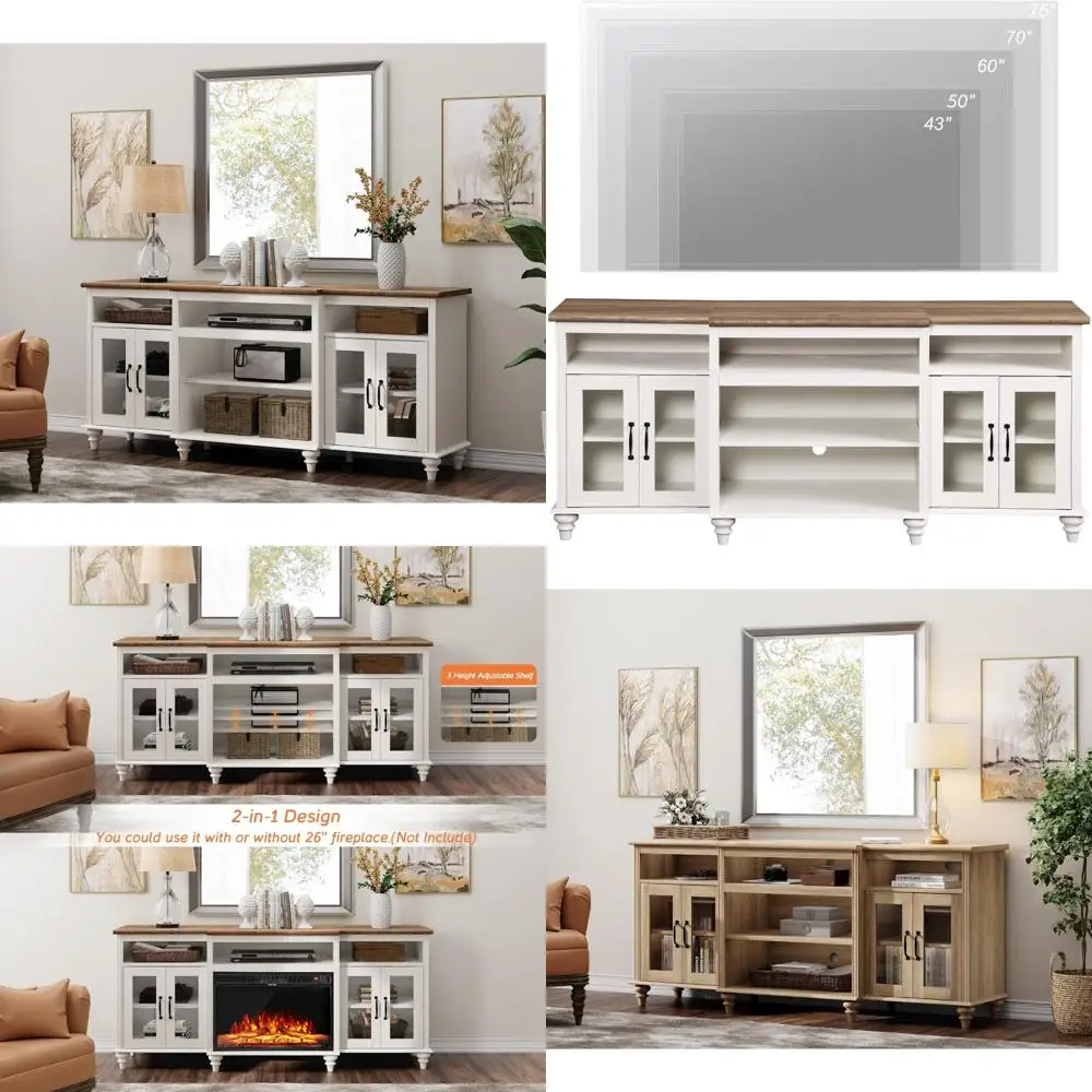 Universal TV Stand for 75 TVs, 4-Door Glass & Wood Console with 9 Storage Cabinets, White