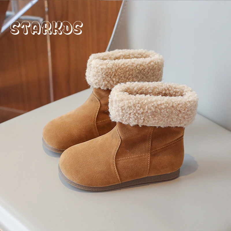 Cosy Lambswool Boots Kids Warm Plush Pull-on Flat Booties Boys Girls Winter Round Toe Anti-slip Fluffy Snow Botas