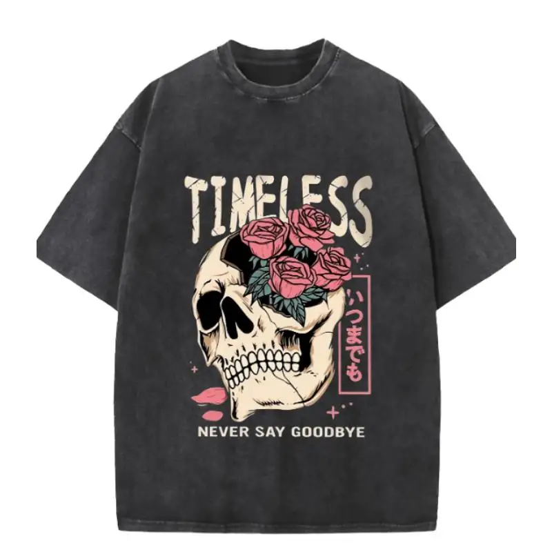 

Men's Timeless Skull Graphic T-Shirt, Never Say Goodbye Japanese Streetwear Tee, Vintage Washed Gothic Casual Top
