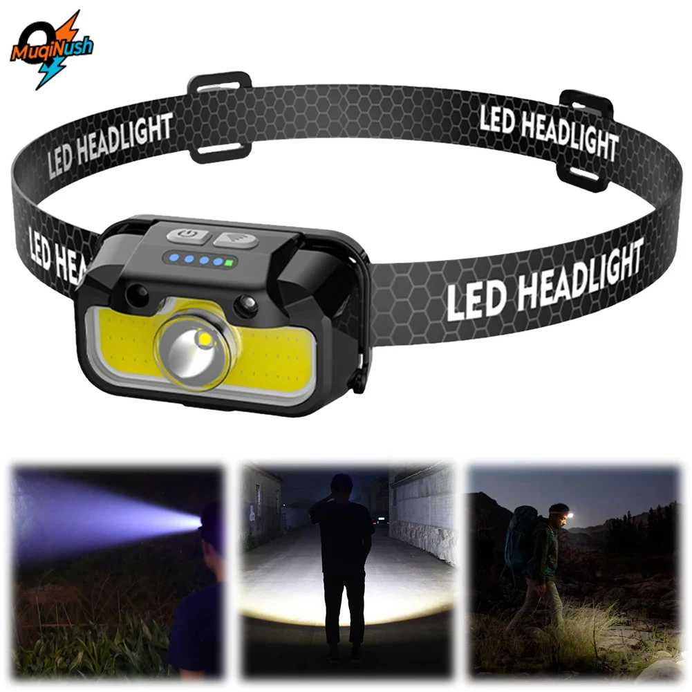 

MuqiNush LED Motion Sensor Headlight USB Rechargeable Bright Head Lamp Power Display High Brightness Flashlight for Outdoor Camp