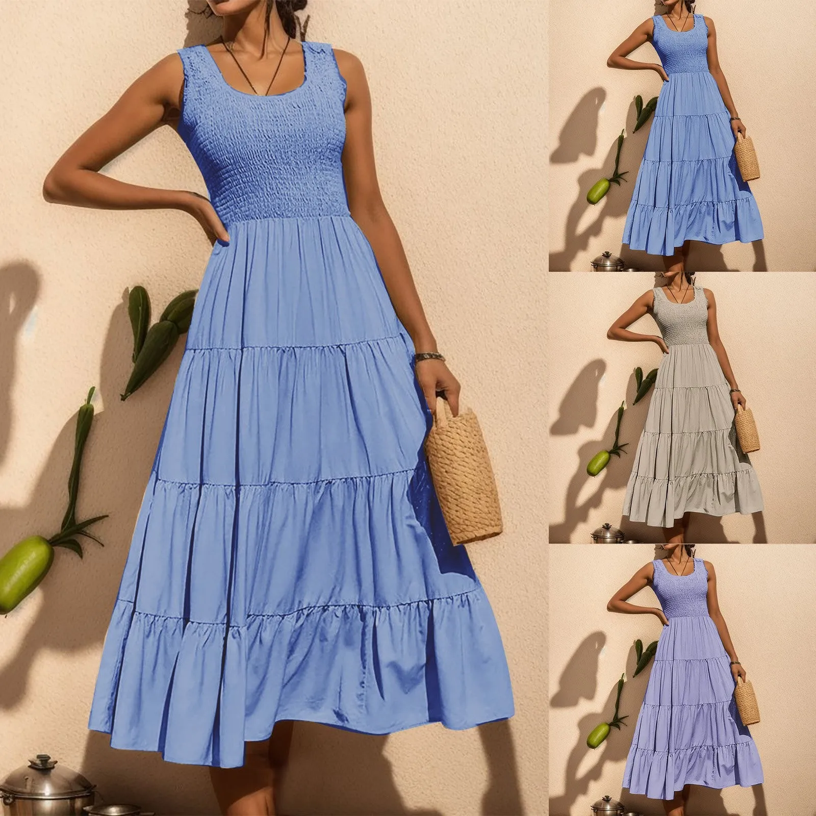 

Summer Women Boho Beach Solid Color Dress Fashion Vintage Sleeveless Casual Long Dress Elegant Loose A Line Ruched Dress