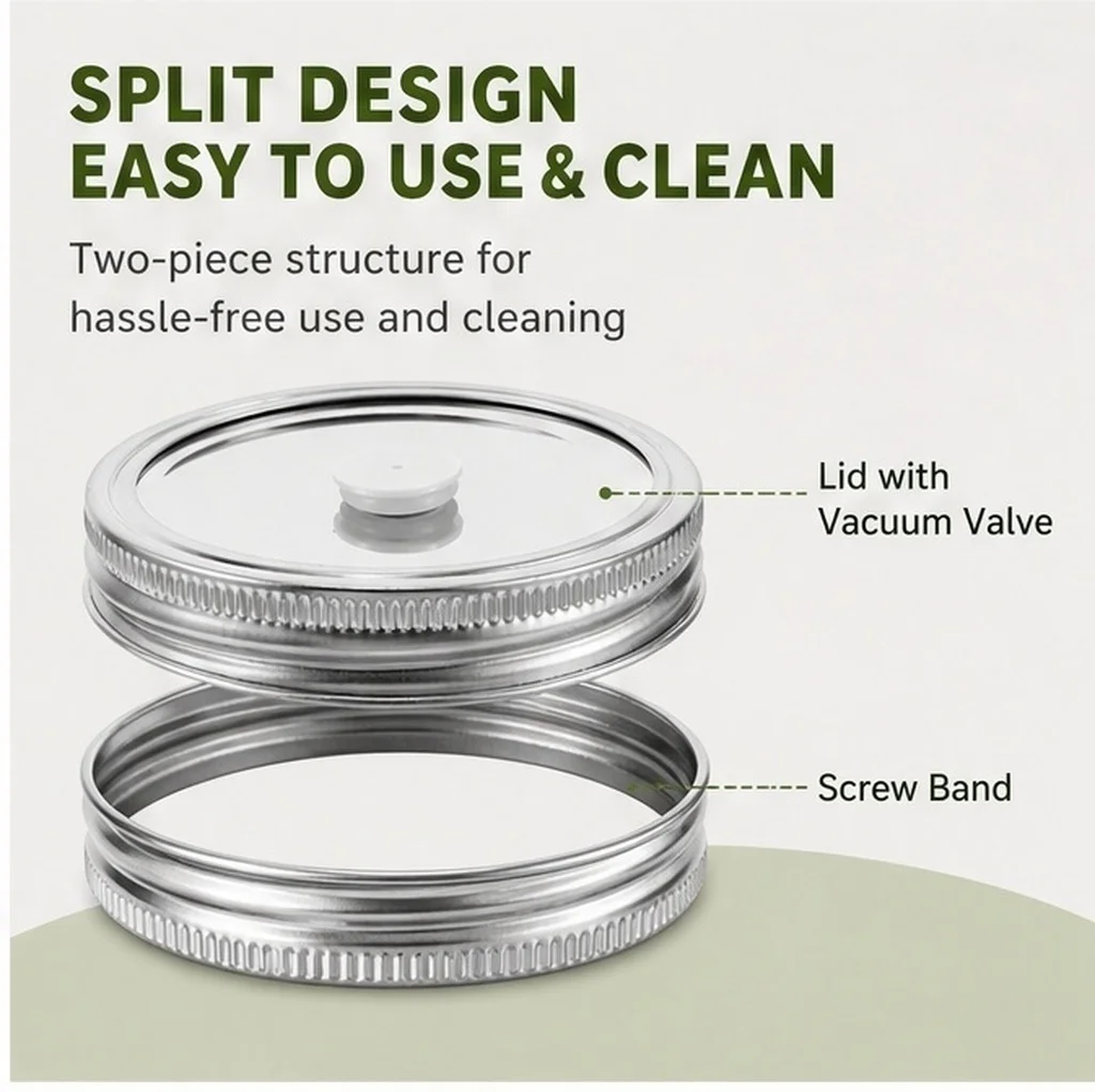 2Pcs Stainless Steel Vacuum Mason Jar Lids Kit Split Type Airtight Seal for Food Spices Dried Fruits Regular Mouth Jar Storage