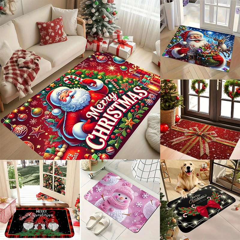 Merry Christmas Entrance Doormat  Joyful Santa Claus with Festive Baubles Star Lights Graphic Rug  Xmas Holiday Entry Decor Mat