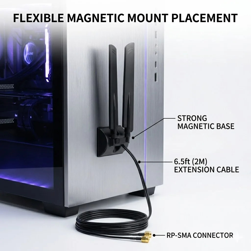 Superbat WiFi 6E Tri-Band 6GHz 5GHz 2.4GHz RP-SMA Magnet Mount Base Antenna for PC Desktop Computer Motherboard Wukong Game PC