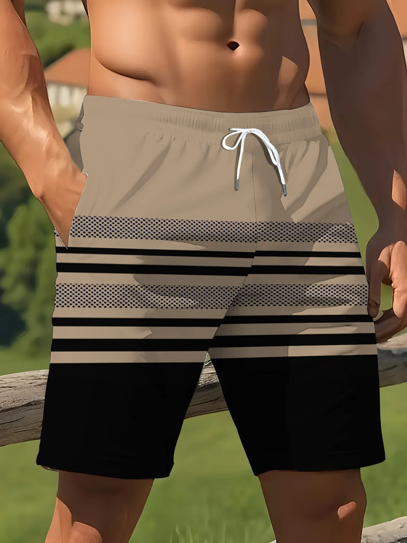 Men's Striped Shorts, Fashionable Printed Beach Shorts, 3D Pattern Printed Casual Drawstring Belt, Lightweight for Summer