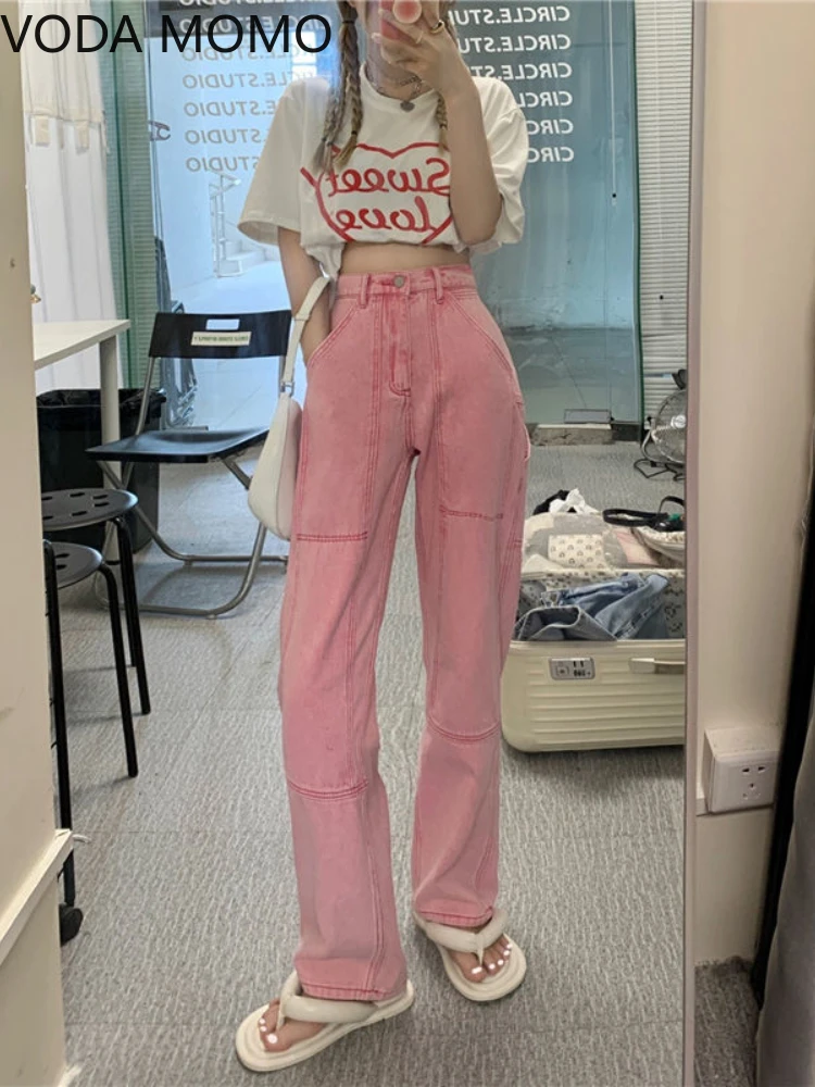 spring 2022 womens fashion high waist Women\'s Wide leg jeans baggy woman denim capris Pants jean mom jeans trousers pink