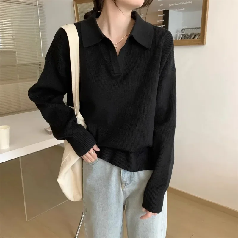 British Loose V-neck Lapel Shirts High Quality Simple Solid Sweater Pullover New Autumn Winter Long Sleeve Jumper College Women