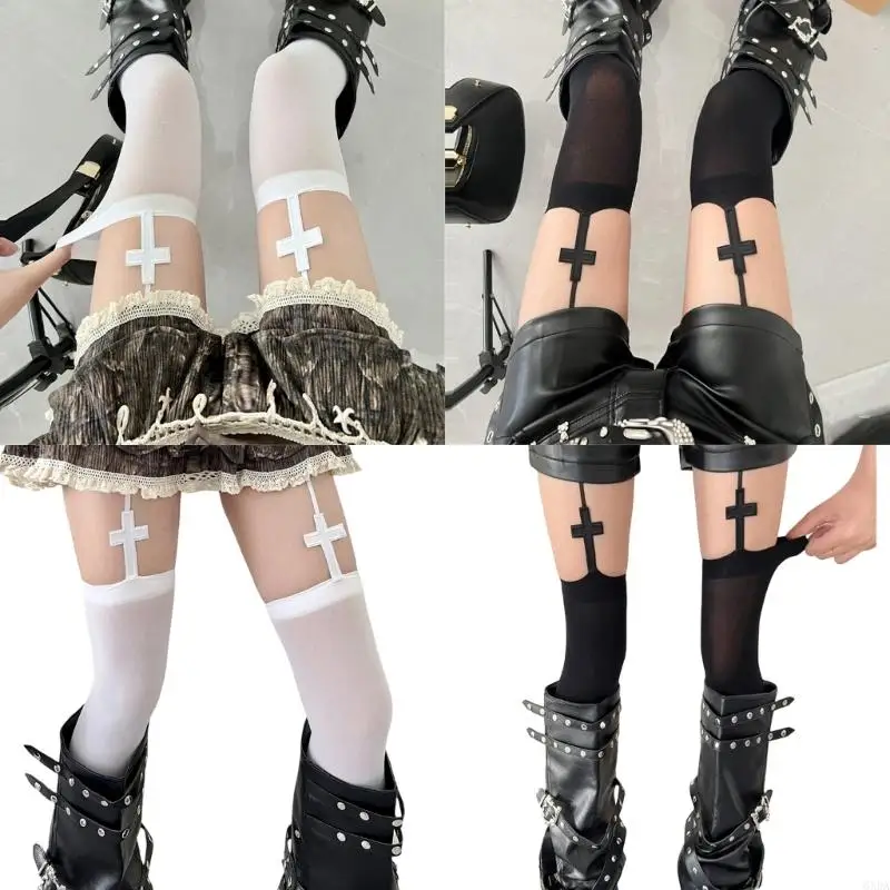 

Gothic Crosses Suspender Tights Thigh High Stockings For Women Dark Aesthetic Garter Belt Pantyhose Legwear Party Wear 6XDA