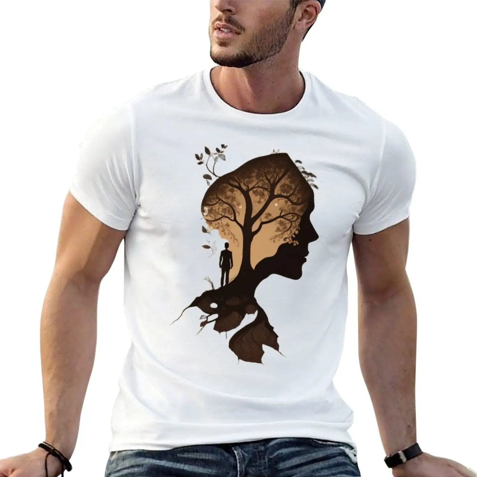 The shadow of a man in the form of a tree T-shirt blacks Aesthetic clothing mens cotton t shirts