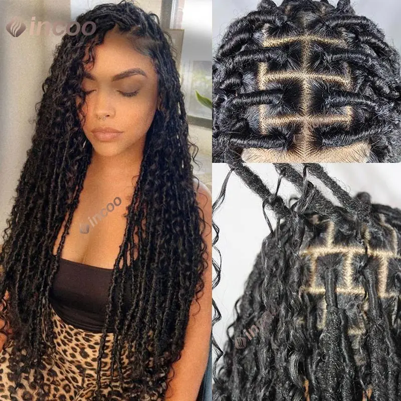 Bohemian Synthetic Full Lace Braided Wigs for Black Women 32 Inch Knotless Box Goddess Faux Locs Wig Lace Front Wigs with Curly