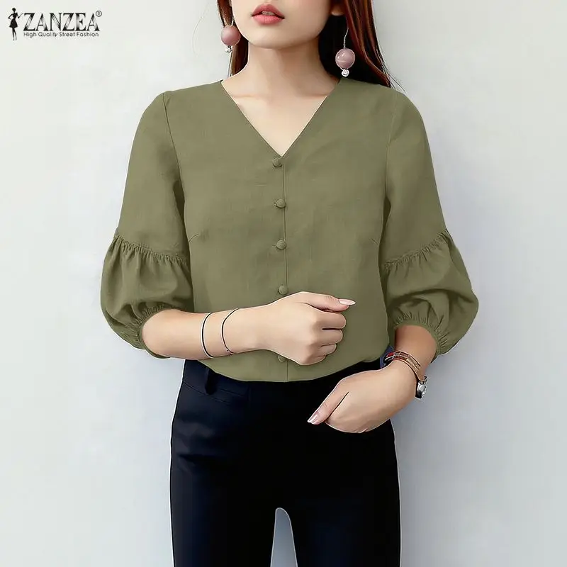 

Elegant Woman Vintage Blouses V-Neck 3/4 Lantern Sleeves Solid Color Pullover Tops ZANZEA Summer Daily Casual Blusas de Mujer