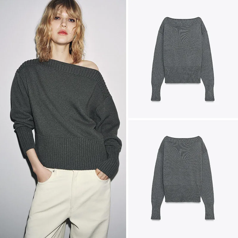 

Простой вязаный свитер Sle Long Sve, новый осенний женский модный дизайн на одно плечо, женский трикотаж премиум-класса