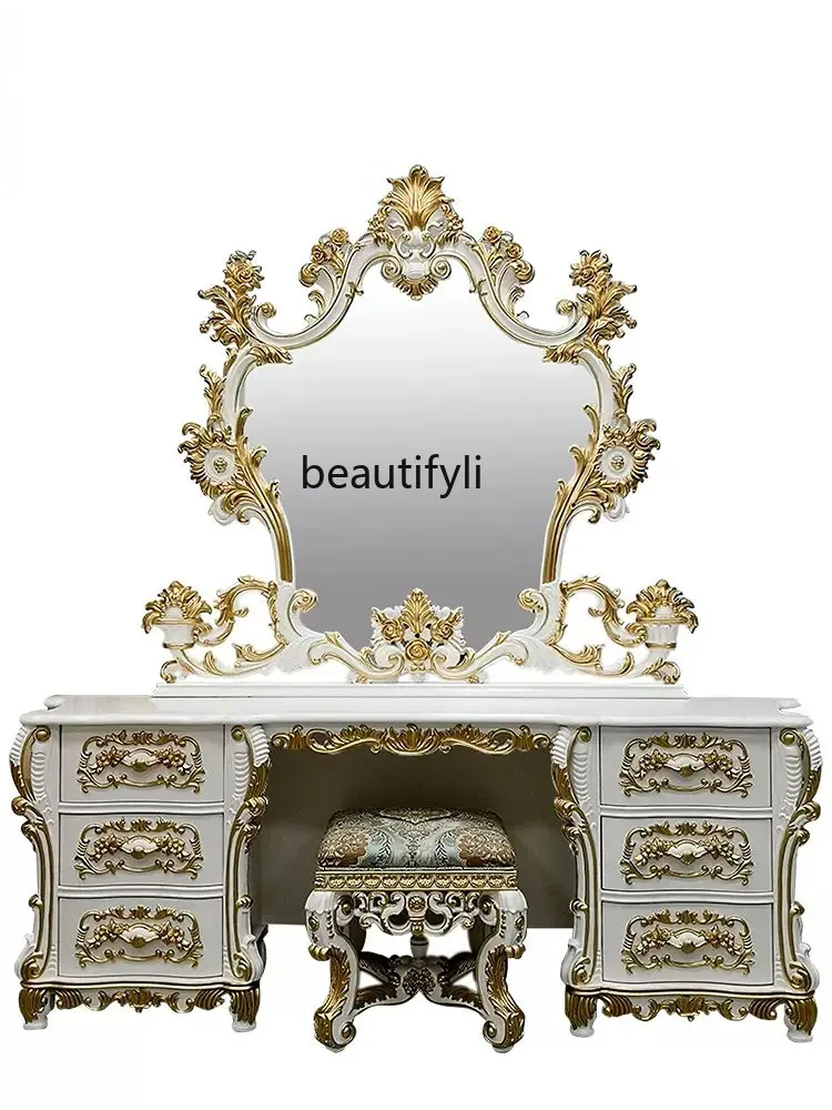 yj European-Style Wood Dressing Table Carved Makeup Table Bedroom French Luxury Princess Storage Table