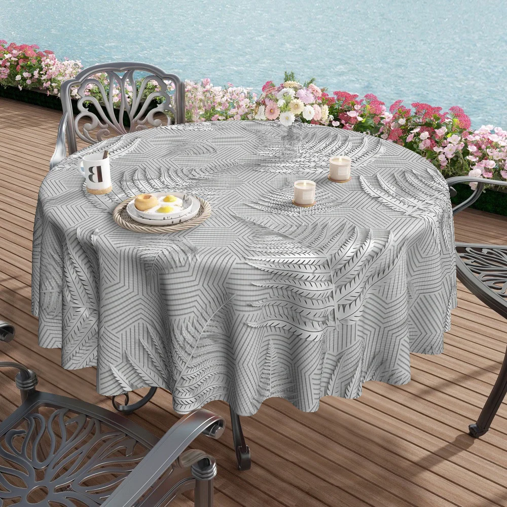 1pc Simple Grey-White Geometric Fern Leaf Printed Kitchen/Dining Round Tablecloth