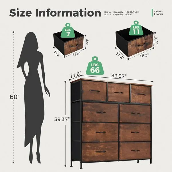 Commode pour chambre à coucher avec 9 tiroirs en tissu, unités de rangement de poitrine haute pour vêtements, placard, tour de rangement avec armoire, métal Fr