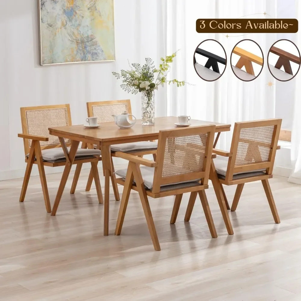 Farmhouse Rattan Dining Chairs Set of 6,Natural Wood Modern Dining Chairs Cane Back Country Kitchen Chairs Comfy Upholstered