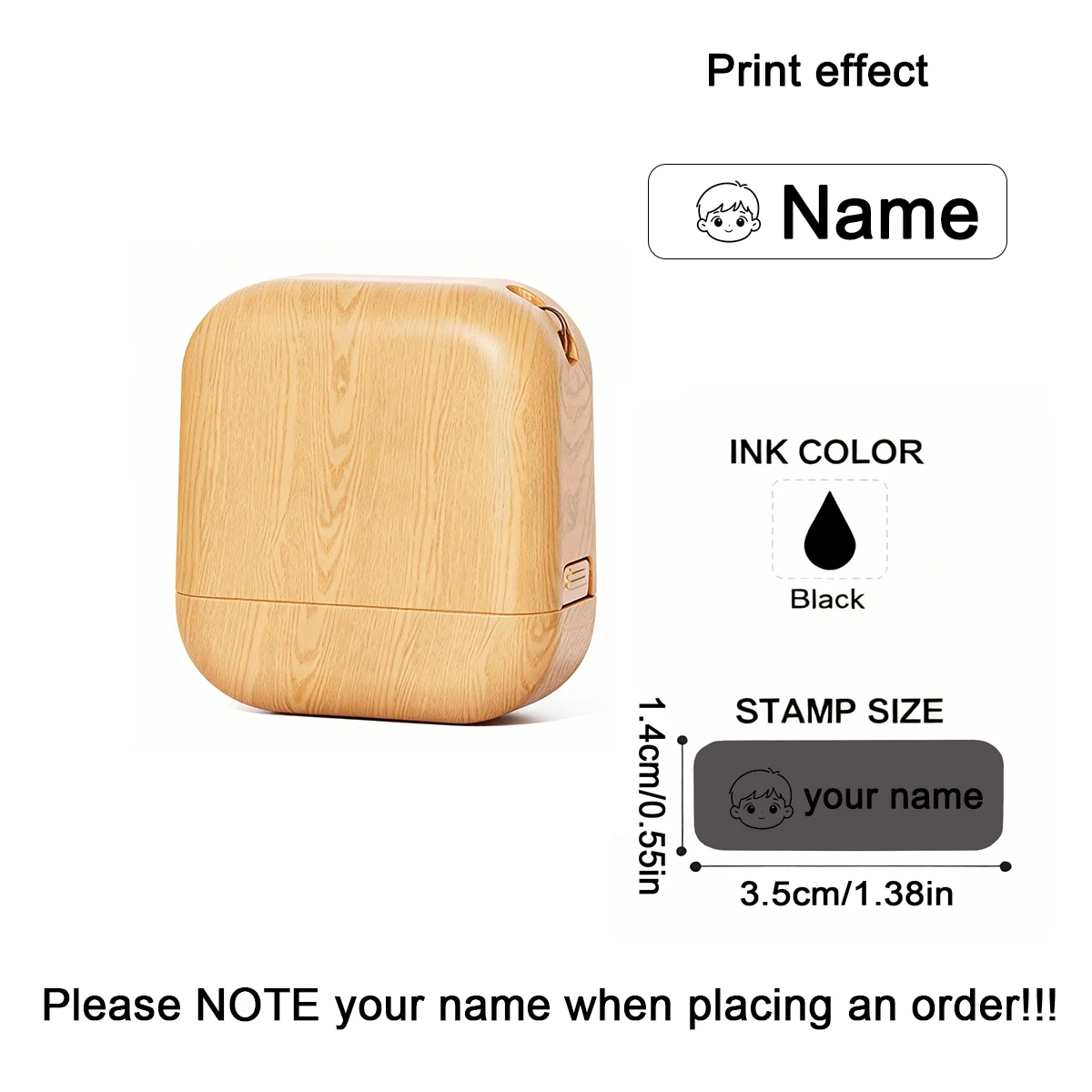 Personalisierter Namensstempel mit Holzmaserung für Kindergarten, Kleidung, Büro und Unternehmen