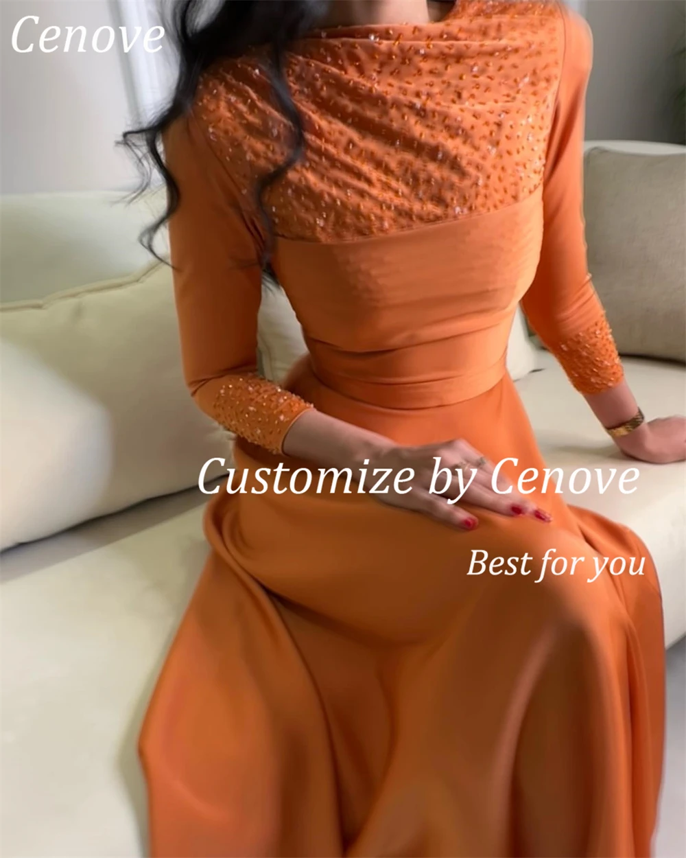 Cenove Long Sleeves A-Line Evening Gown Formal Princess O-Neck Beaded Prom Orange New Party Dresses for Women 2023