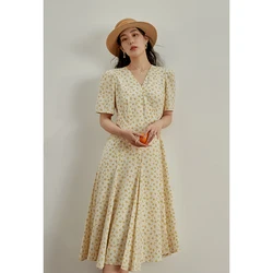 DUSHU Sweet Style Wrap V Neck Floral Dress for Women Summer Niche Design High Waist Tea Break Sense Long Dress for Female