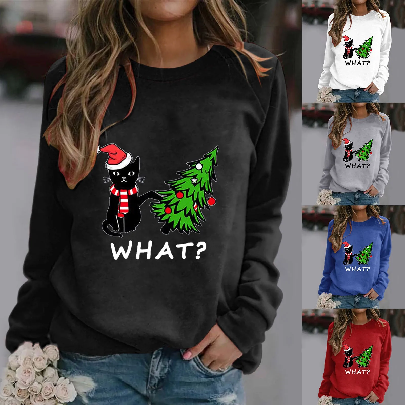 Christmas Womens T-Shirt Ugly Cat Print O Neck Sweatshirt Round Neck Fit Pullover Tops Long Sleeve Xmas Hoodies Blouse Female