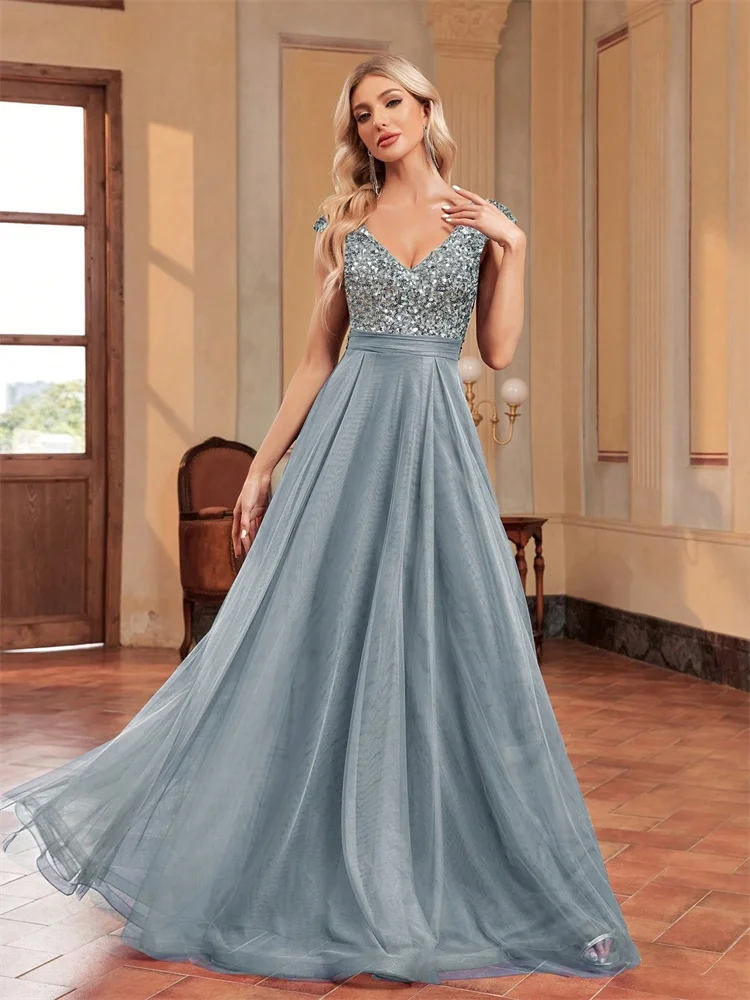 Luxe V-hals Chiffon Blauwe Avondjurken Lange Elegante Pailletten Mouwloze Bruiloft Galajurk Prom Cocktailjurken