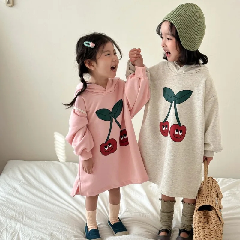 

2024 Spring girls cartoon printed hooded dress children soft loose straight long sleeve Hoodies dresses