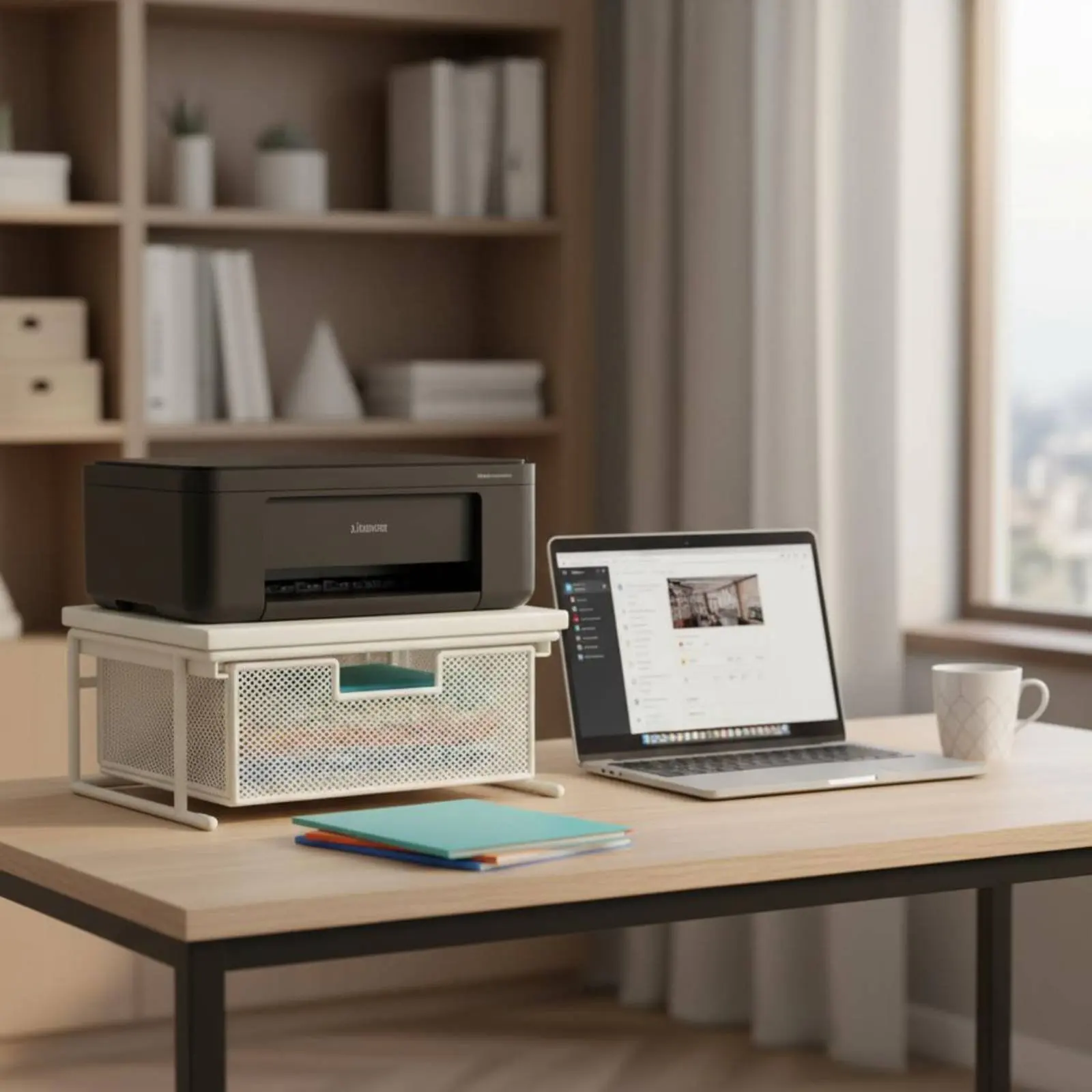 Printer Stand with Drawer Multi-Purpose Desktop Printer Stand Desktop Shelf Wood Desktop Surface Storage Metal Frame