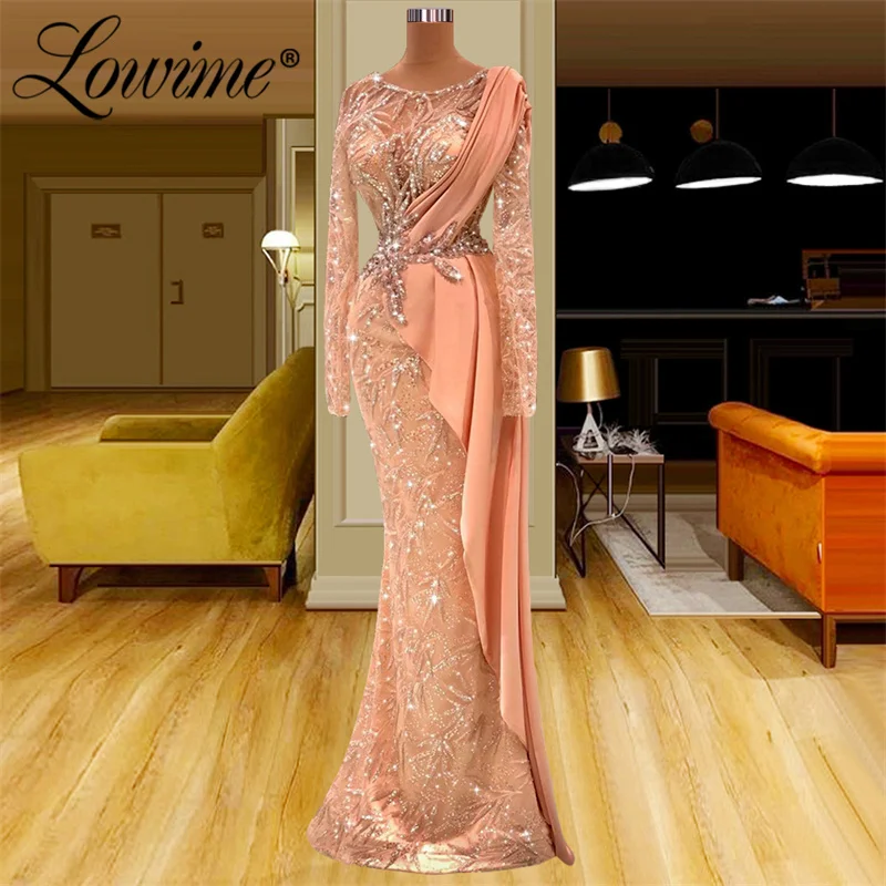 Lowime elegante rosa mangas compridas vestidos de noite 2023 cristais brilhantes miçangas vestido de festa feminino para casamentos roupões mais tamanho