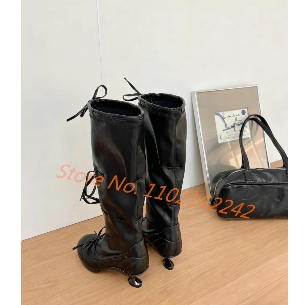 Bow-Tie Ballet Knee-High Boots Women'S Round-Toe Low-Heeled Leather Stretch Boots Fashion Runway Summer Modern Women'S Boots 46 view 6
