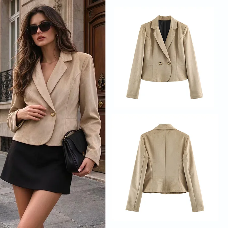Women Cropped Blazer Lapel Double Breasted Shoulder Pads Long Sleeve Slim Fit Short Suit Jacket Autumn Vintage Outerwear