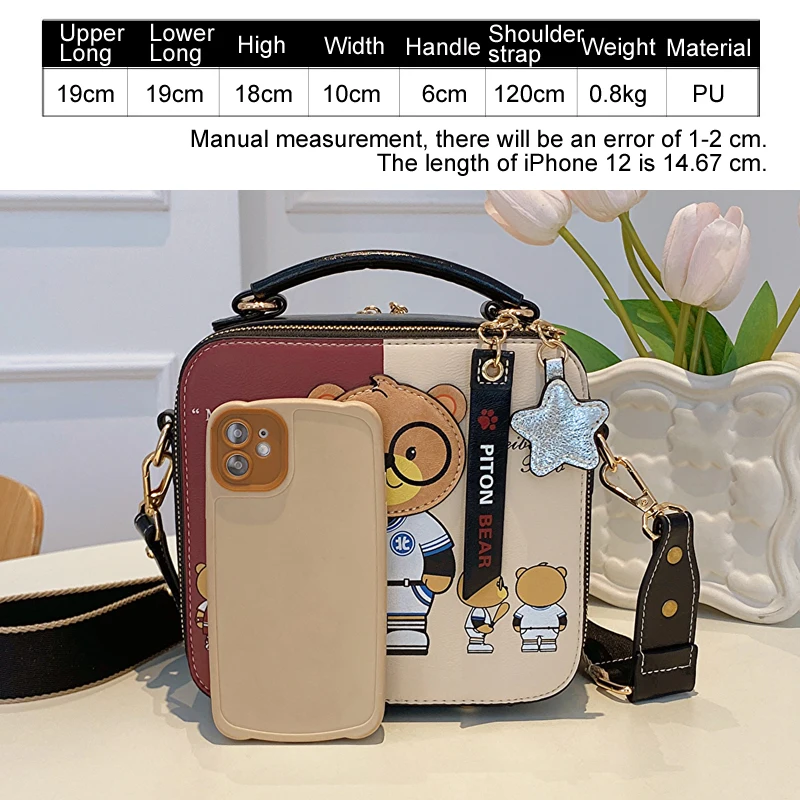 Crossbody Bags For Women 2023 Square Handbag For Girl Original HI-Q Cute Bear PU Leather Shoulder Bag Female Messenger Bag Purse