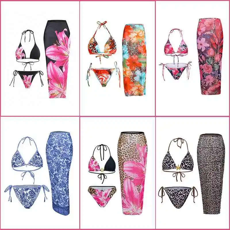 

Printed Triangular Cup Top Long Skirt Bikini Tee Piece Women's Swimsuit with Chest Pad No Steel Support JY77 Model