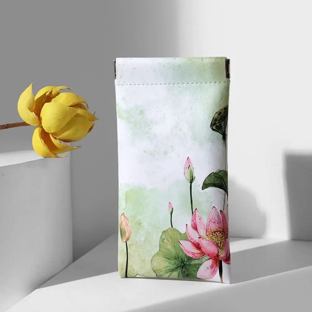 Bolsa para gafas con cierre automático, Mini bolsa de cosméticos de cuero PU, bolsa para gafas de sol Lotus, bolsa para auriculares, bolsa para artículos diversos y joyería