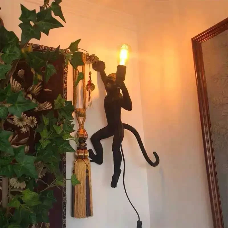 Nordic Resin Monkey Pendant Light Animal Hemp Rope Pendant Chandelier Bedroom Children\'s Room Bar Restaurant Home Decor E27 Lamp