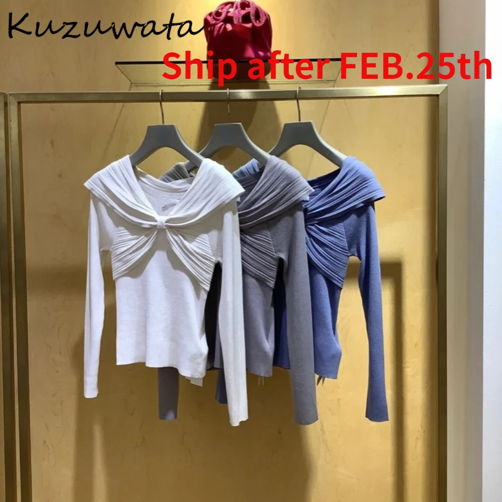 Kuzuwata Casual Slash Neck Long Sleeve Sweet Pullovers Elegant Slim Fit Solid Cross Knitted Japan Knit New Moda Ruched Jumper