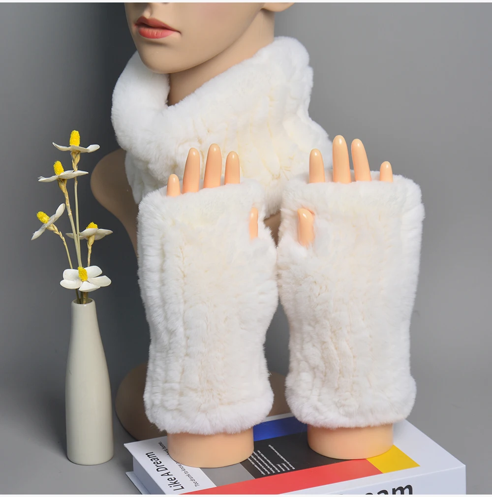 One Set Women Real Rex Rabbit Fur Cuff+Headband Winter Warmer Hat Arm Wrist Sleeve Gloves Female Real Fur Cap+Elastic Wristband