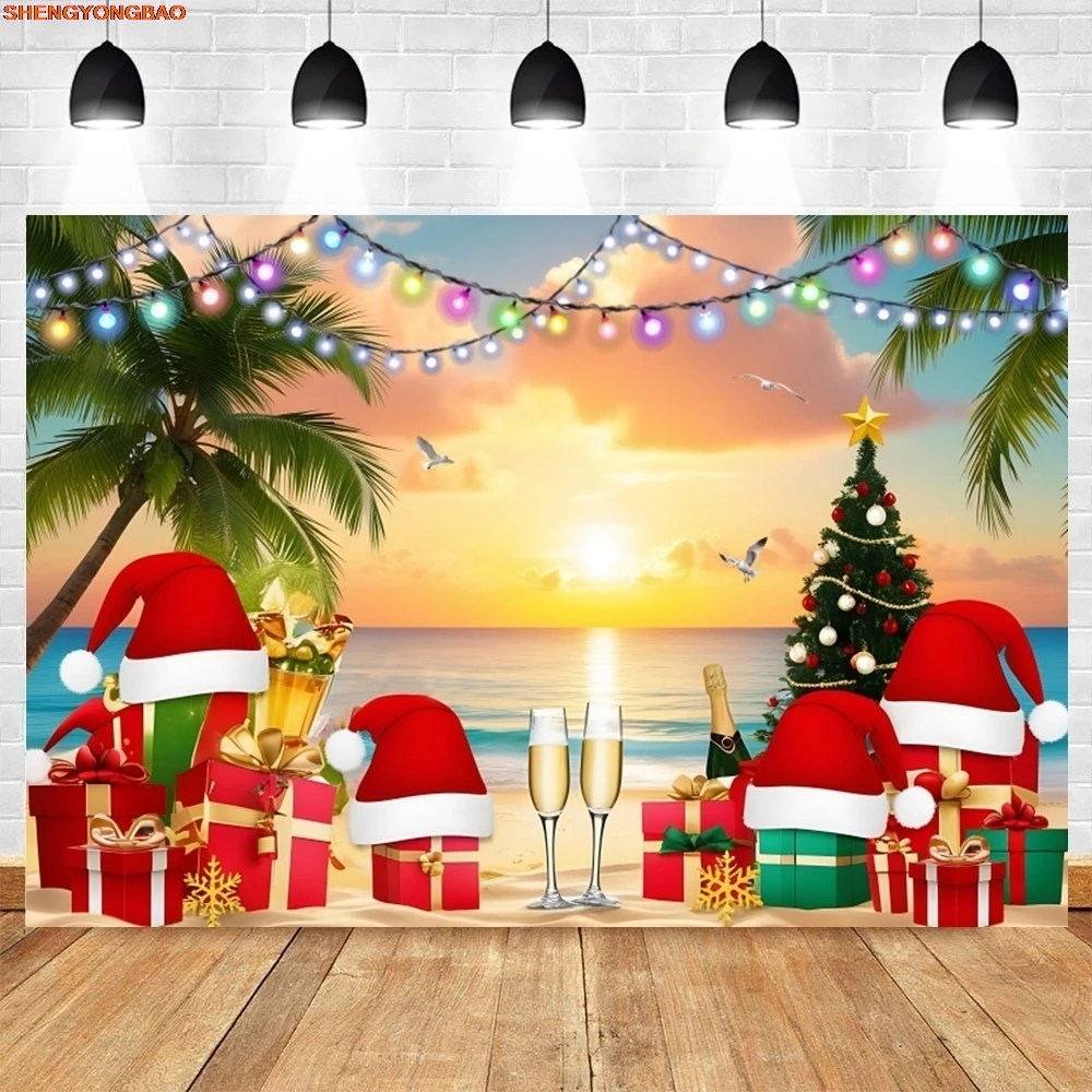 الصيف عيد الميلاد خلفية شاطئ البحر شجرة جوز الهند ثلج شجرة عيد الميلاد هدايا الطفل الاطفال صورة خلفية التصوير الفوتوغرافي