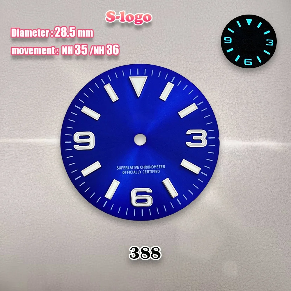 28.5mm S Logo arab Explorer Sunburst Dial Fit NH35/NH36/4R Movement Ice Blue Luminous Watch Modification Accessories Repair tool