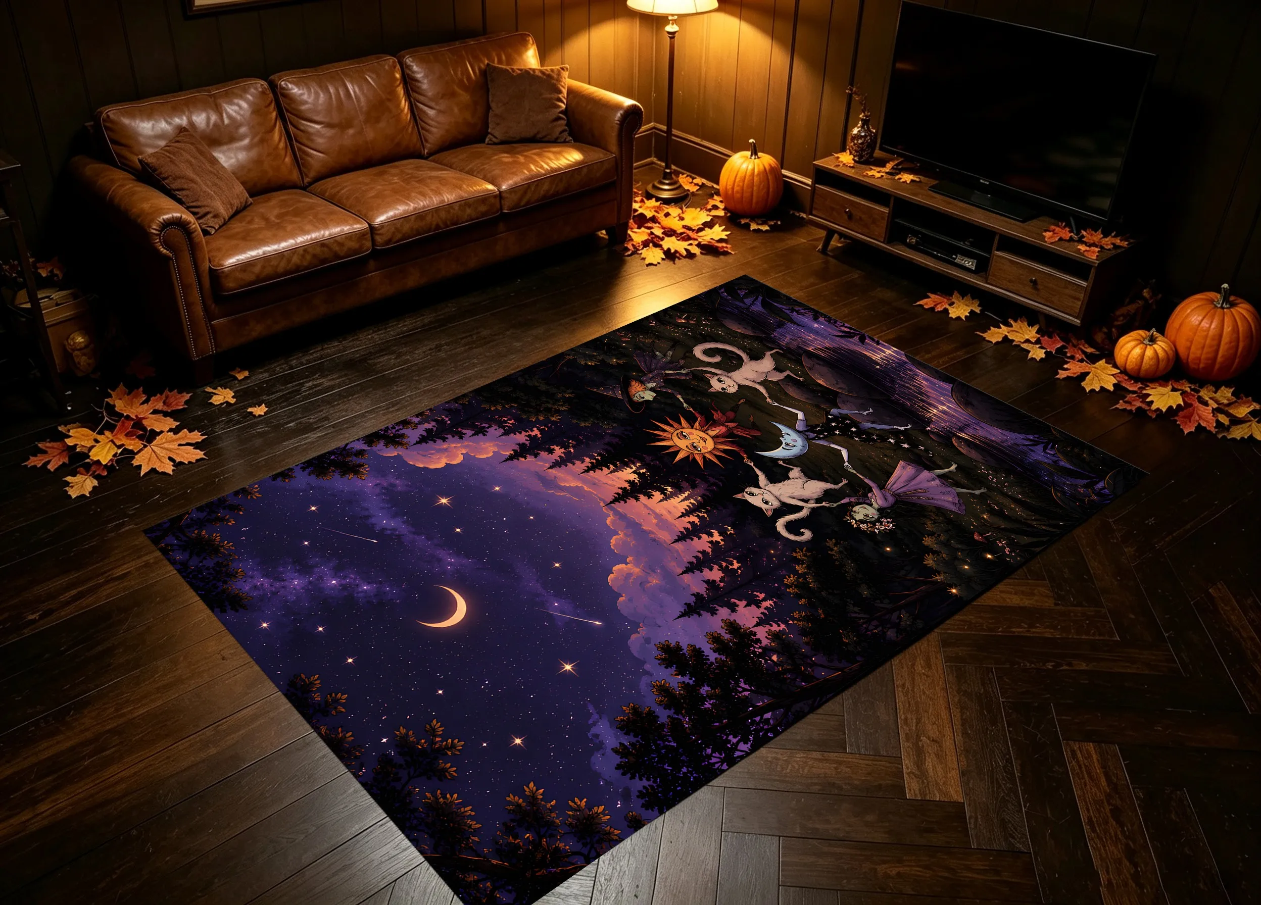 Velvet Rug Purple Star Moon Quirky Cat Witch Dark Fairy Tale Style for Bedroom Living Room Party Decor