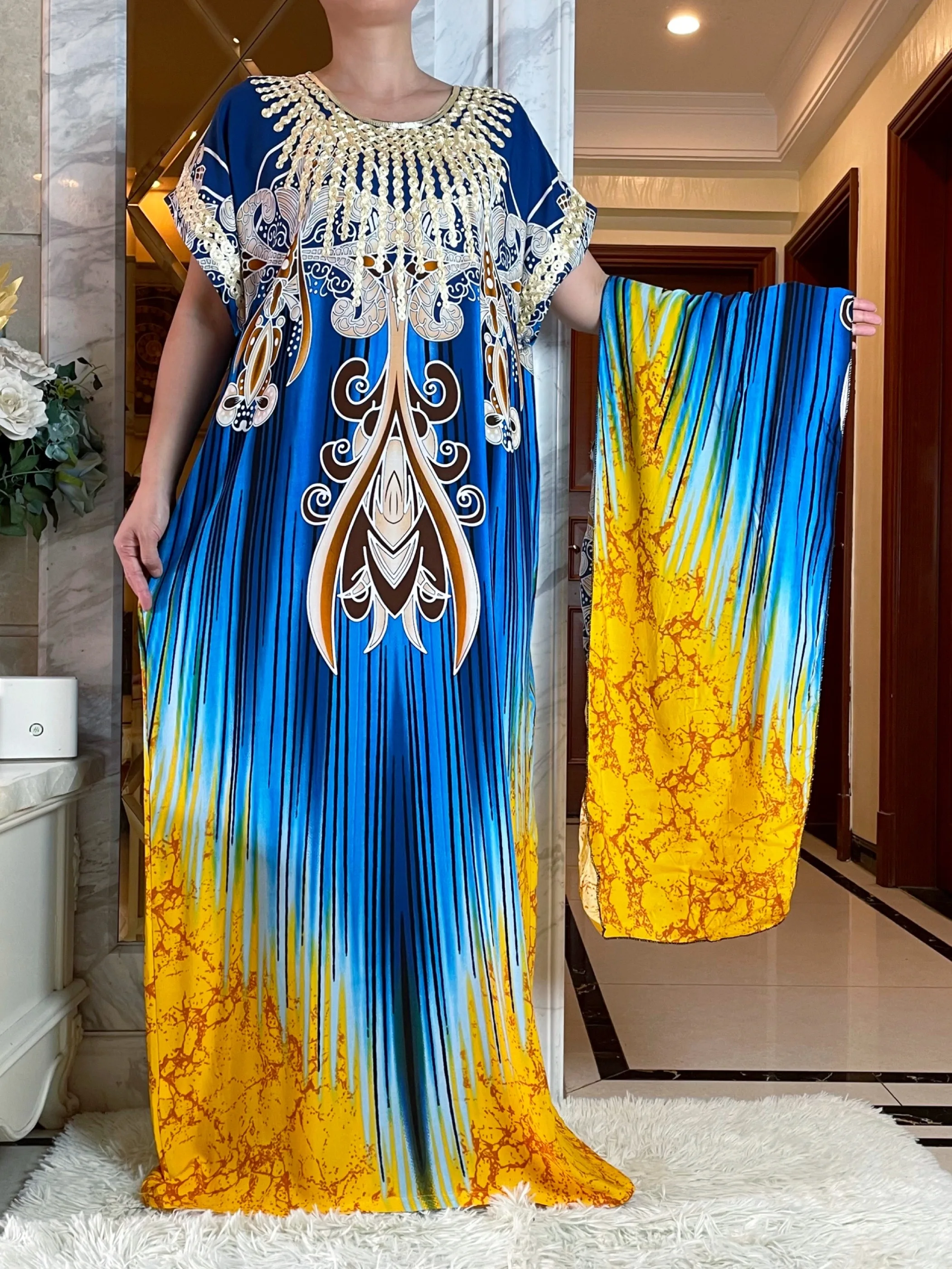 

New African Summer Short Sleeve Dress Tie-dyed Boat-Neck Loose Embroidery Floral Boubou Maxi Islam Women Dress African Clothes